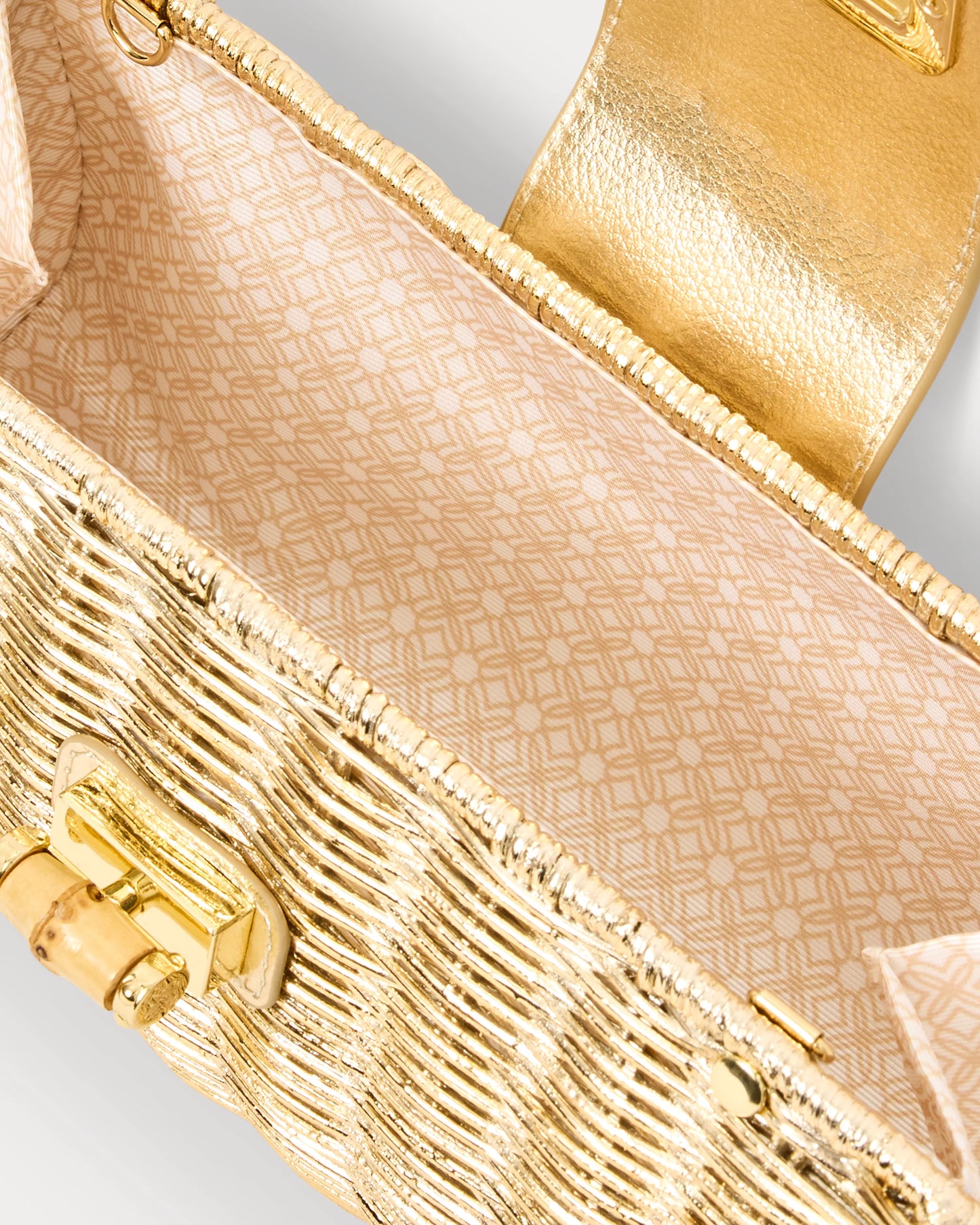 Gold Woven Faux Leather Bag, Bamboo Lock Clutch with Removable Gold Chain for Resort Outfits