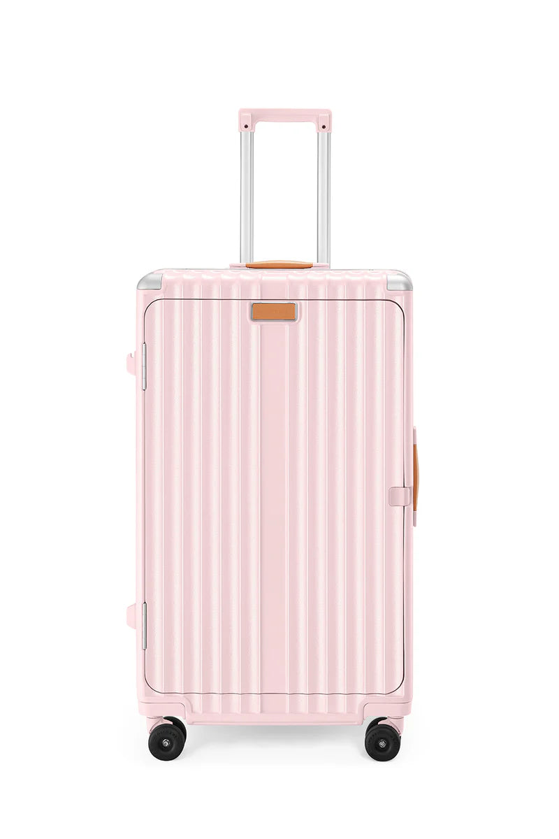 Blush Pink Vertical Striped Rolling Travel Bag with Leather Trim Handle, Retractable Pull Rod & Silent 360° Spinner Wheels
