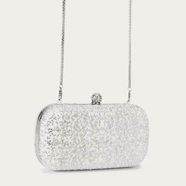 Silvery Pearl Faux Leather Hardcase Bag, Crystal Snap Frame Clutch with Detachable Chain for Daily & Formal Looks