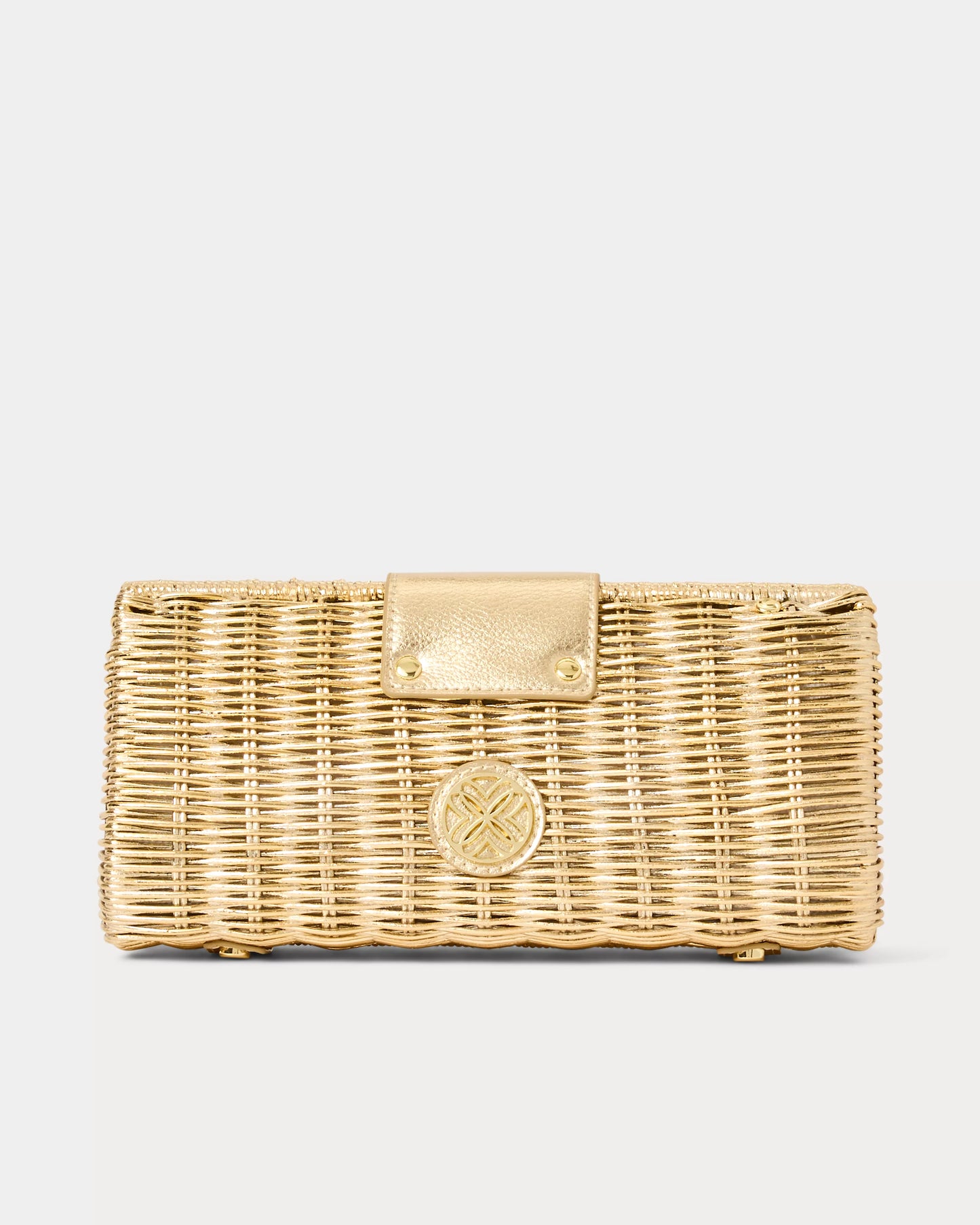 Gold Woven Faux Leather Bag, Bamboo Lock Clutch with Removable Gold Chain for Resort Outfits