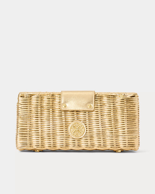 Gold Woven Faux Leather Bag, Bamboo Lock Clutch with Removable Gold Chain for Resort Outfits