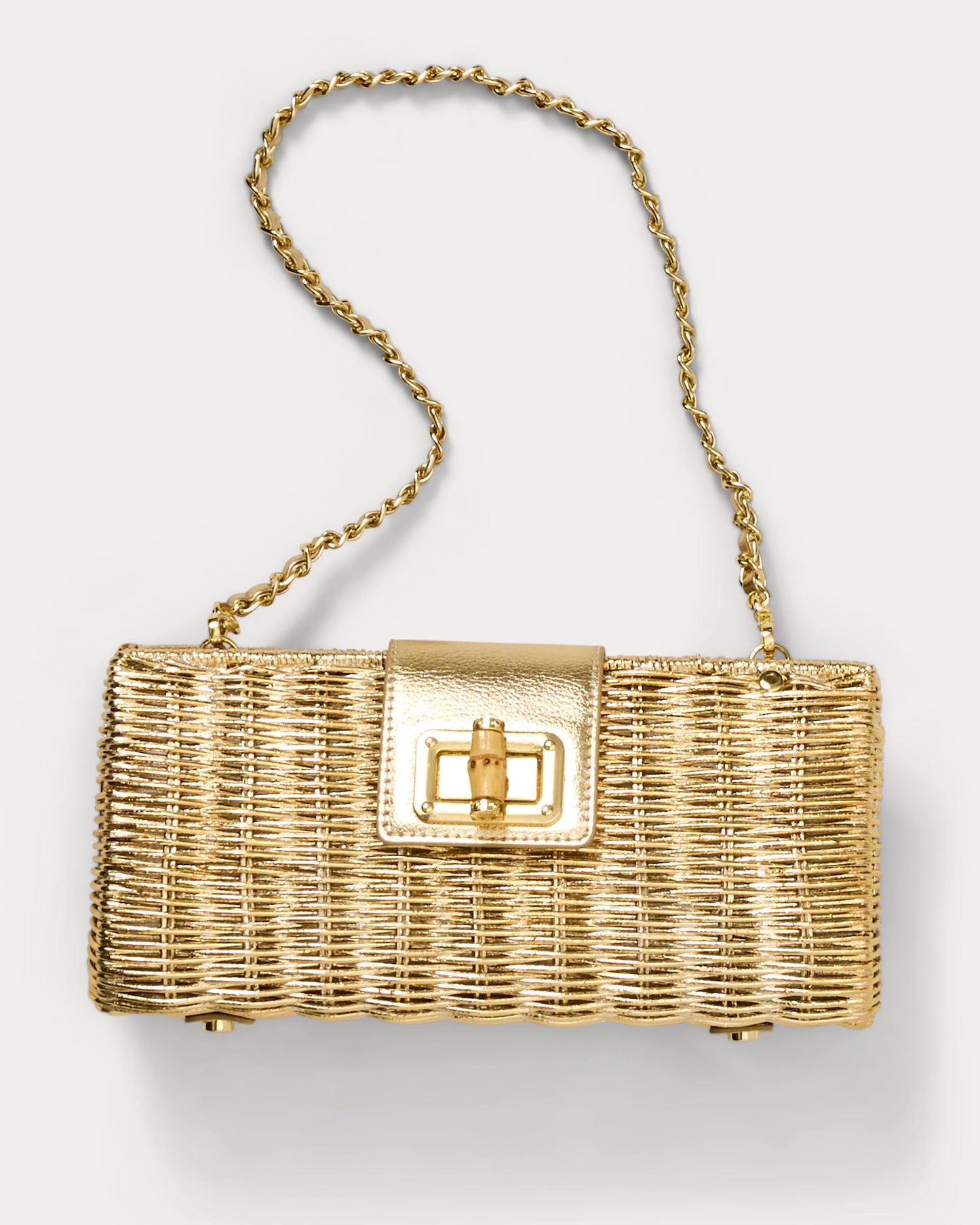 Gold Woven Faux Leather Bag, Bamboo Lock Clutch with Removable Gold Chain for Resort Outfits