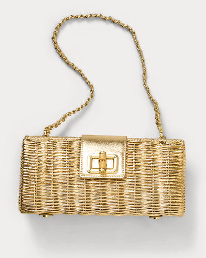 Gold Woven Faux Leather Bag, Bamboo Lock Clutch with Removable Gold Chain for Resort Outfits