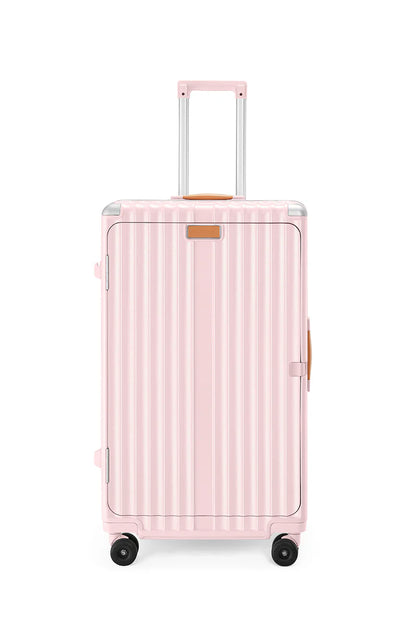 Blush Pink Vertical Striped Rolling Travel Bag with Leather Trim Handle, Retractable Pull Rod & Silent 360° Spinner Wheels