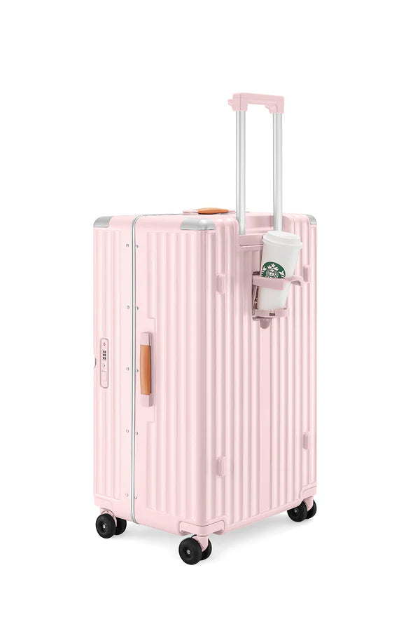 Blush Pink Vertical Striped Rolling Travel Bag with Leather Trim Handle, Retractable Pull Rod & Silent 360° Spinner Wheels