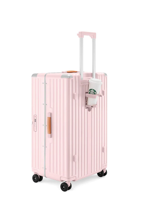 Blush Pink Vertical Striped Rolling Travel Bag with Leather Trim Handle, Retractable Pull Rod & Silent 360° Spinner Wheels
