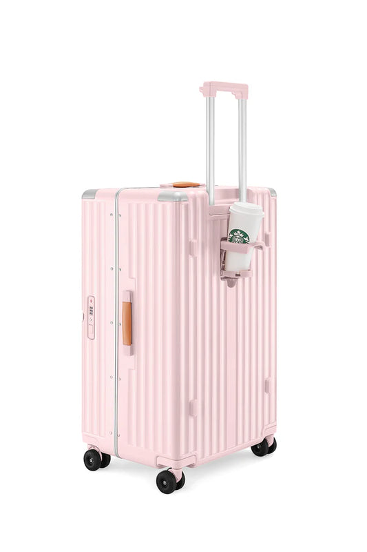 Blush Pink Vertical Striped Rolling Travel Bag with Leather Trim Handle, Retractable Pull Rod & Silent 360° Spinner Wheels