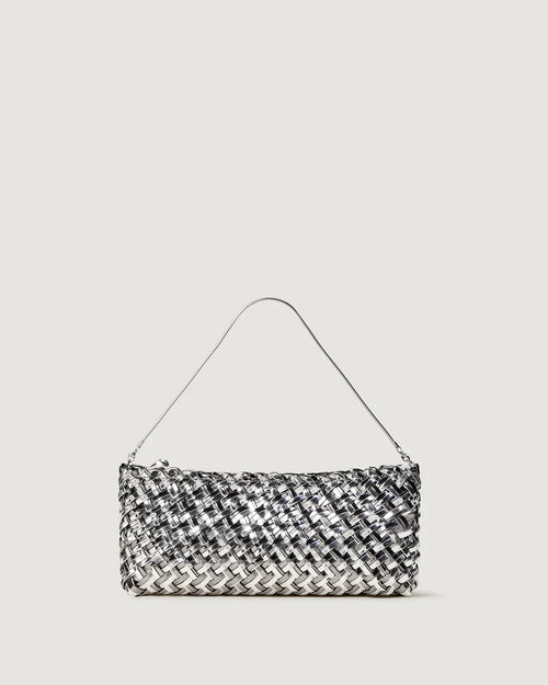 Pewter Silver Woven Faux Leather Evening Bag - Metallic Baguette Clutch with Chain Strap for Night Out & Daily Chic