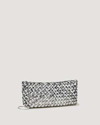 Pewter Silver Woven Faux Leather Evening Bag - Metallic Baguette Clutch with Chain Strap for Night Out & Daily Chic