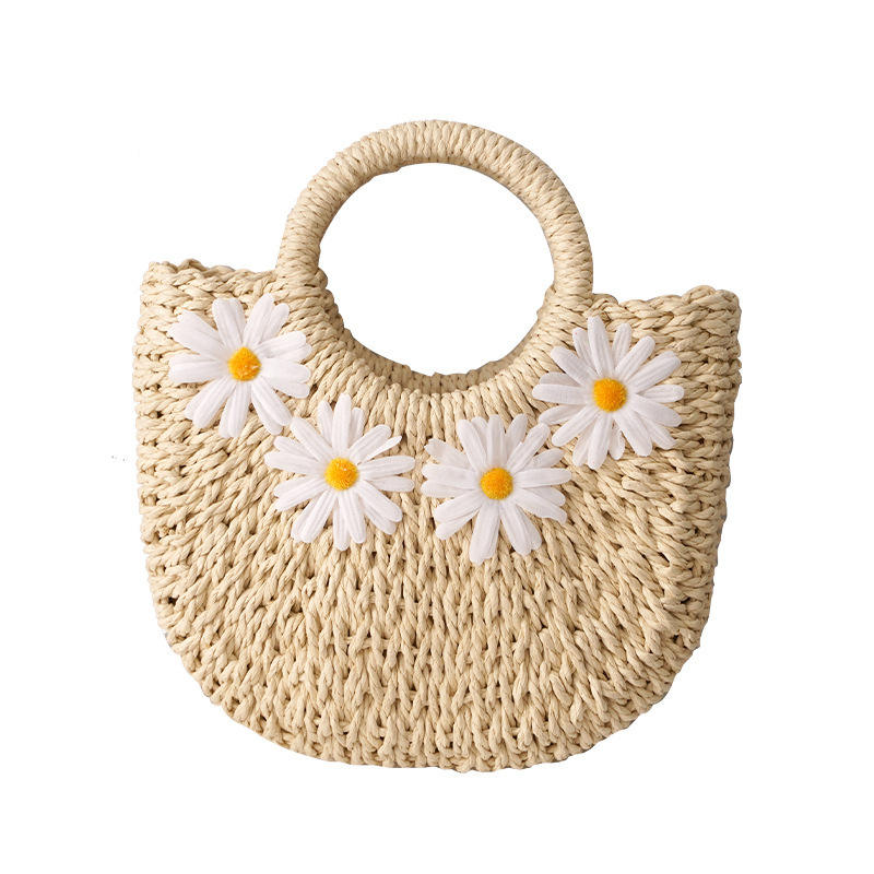 Cream Embroidered Daisy Straw Bag, Faux Leather Ring Handle Half Moon Crossbody Tote for Summer Daily Outfits