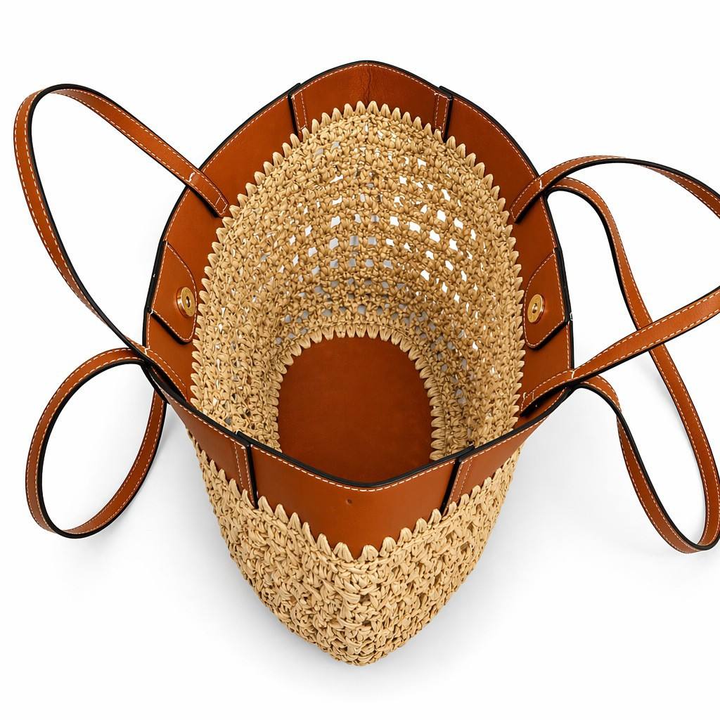 Khaki Brown Colorblock Faux Leather Tote, Hollow Woven Oversize Shoulder Bag for Beach Vacation Wear