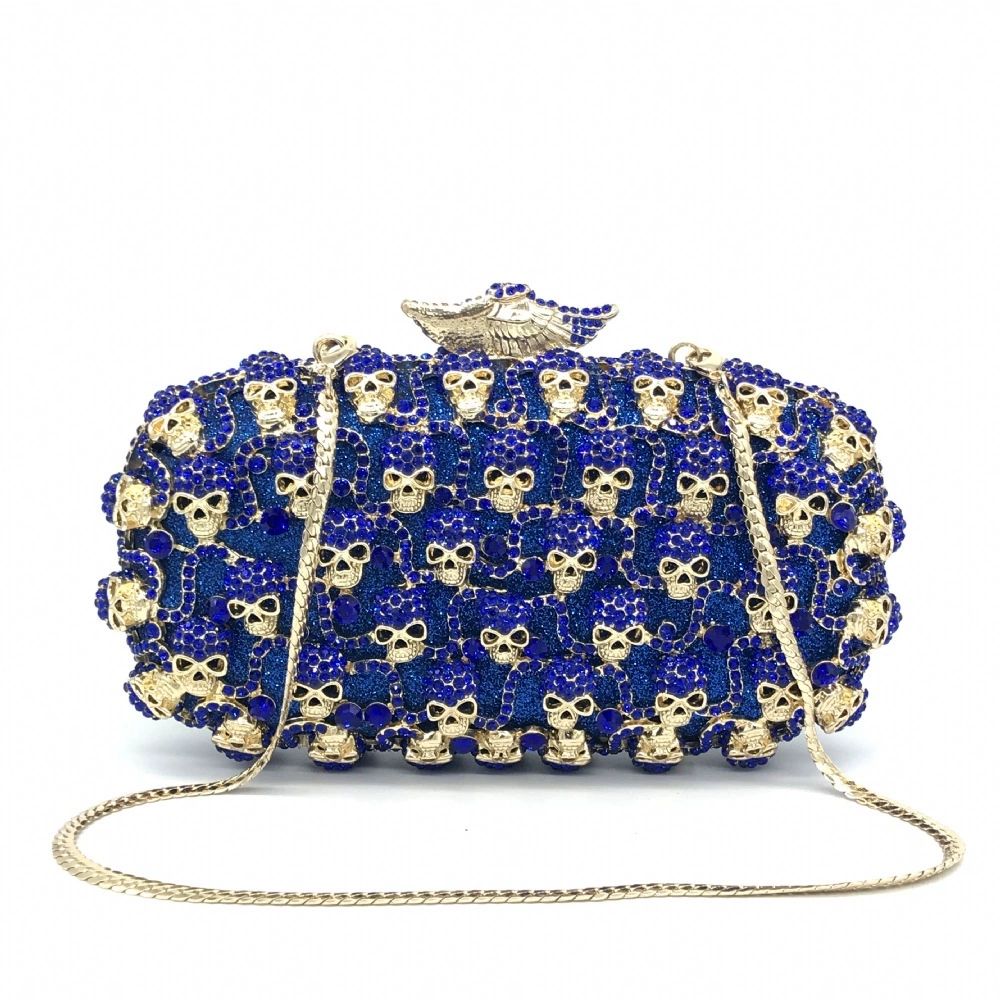 Royal Blue Skull Faux Leather Hardcase Bag – Crystal Skull Frame Clutch with Detachable Chain for Halloween & Gothic Party Outfits