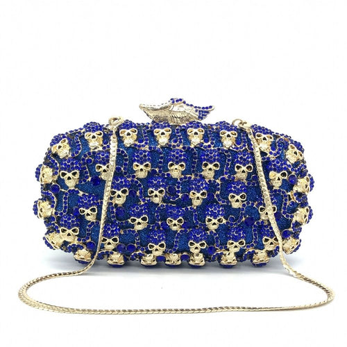 Royal Blue Skull Faux Leather Hardcase Bag – Crystal Skull Frame Clutch with Detachable Chain for Halloween & Gothic Party Outfits