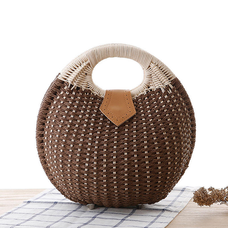 Multi Tone Round Woven Faux Leather Flap Handheld Bag – Circular Ring Handle Shell Shaped Bag for Daily Leisure & Holiday Matching