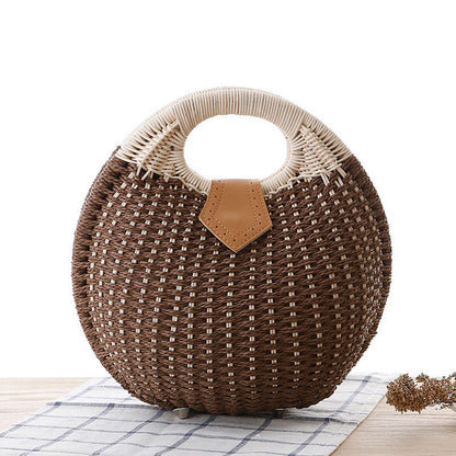 Multi Tone Round Woven Faux Leather Flap Handheld Bag – Circular Ring Handle Shell Shaped Bag for Daily Leisure & Holiday Matching