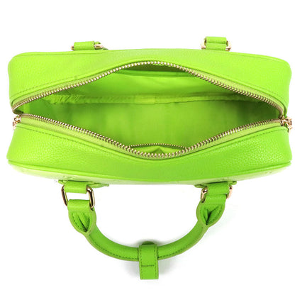 Lime Green Embossed Mini Boston Bag, Curved Handle & Detachable Strap for Daily Party