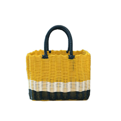 Woven Faux Leather Trim Tote Bag – Handheld Open Gift Storage Basket with Ribbon Decor for Picnic & Daily Casual Matching