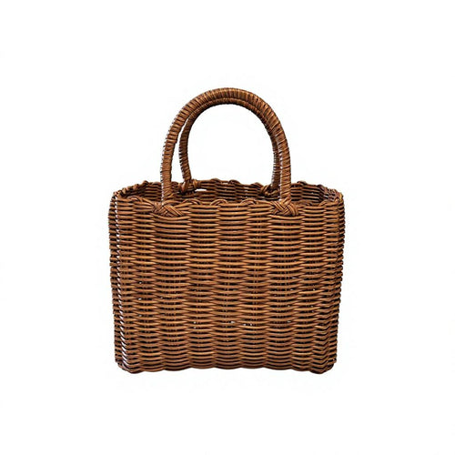 Woven Faux Leather Trim Tote Bag – Handheld Open Gift Storage Basket with Ribbon Decor for Picnic & Daily Casual Matching