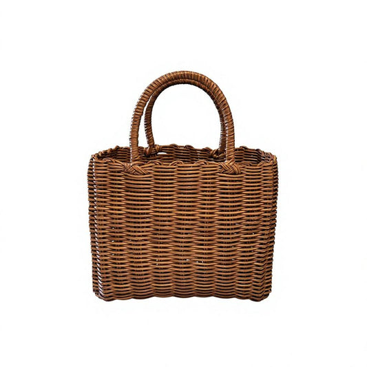Woven Faux Leather Trim Tote Bag – Handheld Open Gift Storage Basket with Ribbon Decor for Picnic & Daily Casual Matching