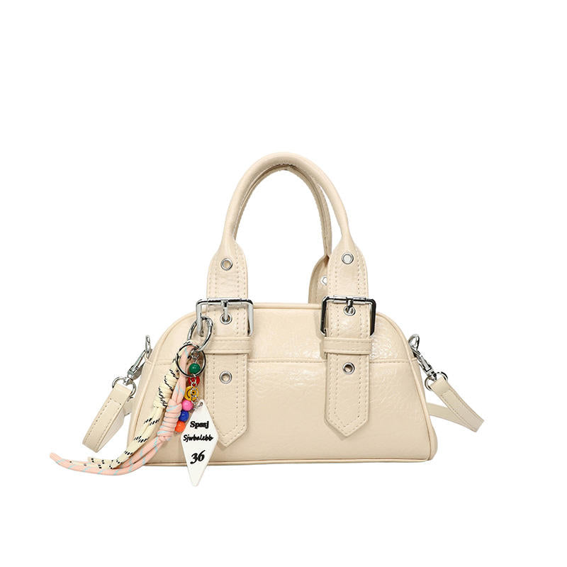 Cream Textured Mini Boston Bag with Buckle Handles, Bead Charm & Detachable Crossbody Strap
