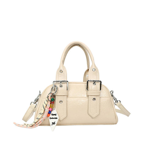 Cream Textured Mini Boston Bag with Buckle Handles, Bead Charm & Detachable Crossbody Strap