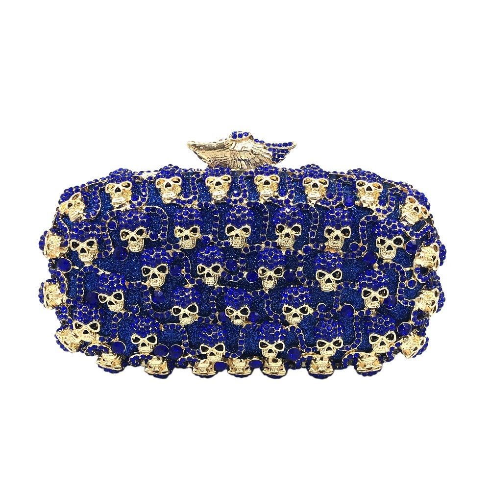 Royal Blue Skull Faux Leather Hardcase Bag – Crystal Skull Frame Clutch with Detachable Chain for Halloween & Gothic Party Outfits