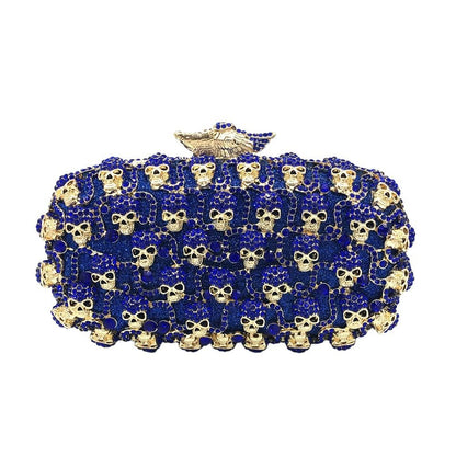Royal Blue Skull Faux Leather Hardcase Bag – Crystal Skull Frame Clutch with Detachable Chain for Halloween & Gothic Party Outfits