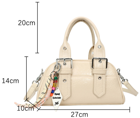 Cream Textured Mini Boston Bag with Buckle Handles, Bead Charm & Detachable Crossbody Strap