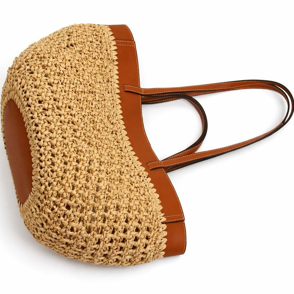 Khaki Brown Colorblock Faux Leather Tote, Hollow Woven Oversize Shoulder Bag for Beach Vacation Wear