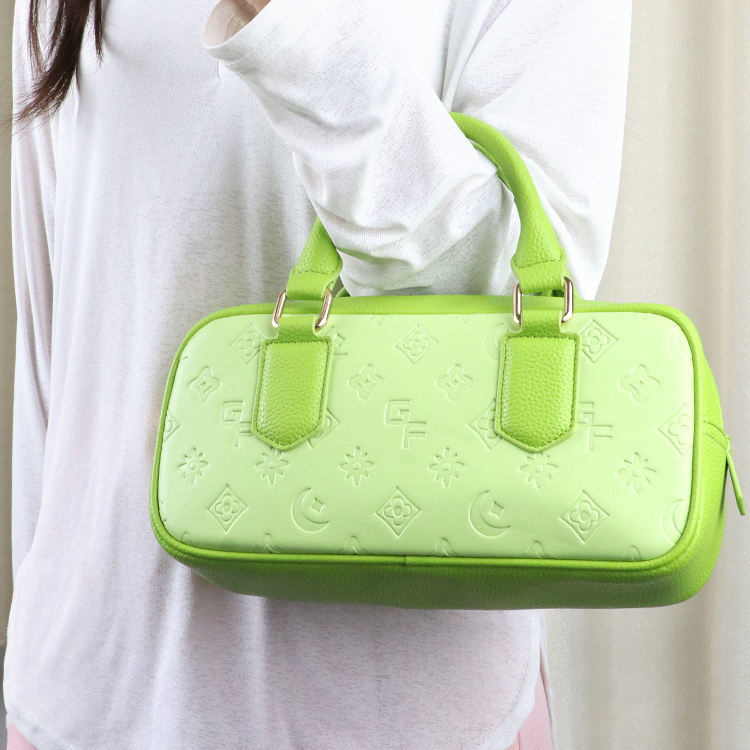 Lime Green Embossed Mini Boston Bag, Curved Handle & Detachable Strap for Daily Party
