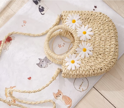 Cream Embroidered Daisy Straw Bag, Faux Leather Ring Handle Half Moon Crossbody Tote for Summer Daily Outfits