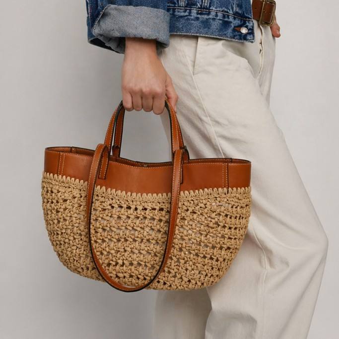 Khaki Brown Colorblock Faux Leather Tote, Hollow Woven Oversize Shoulder Bag for Beach Vacation Wear