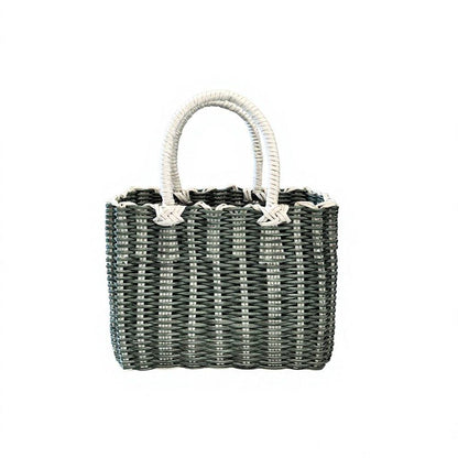 Woven Faux Leather Trim Tote Bag – Handheld Open Gift Storage Basket with Ribbon Decor for Picnic & Daily Casual Matching