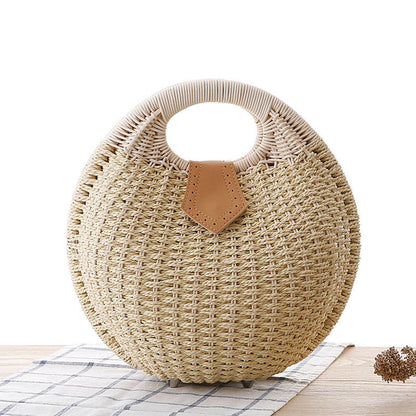 Multi Tone Round Woven Faux Leather Flap Handheld Bag – Circular Ring Handle Shell Shaped Bag for Daily Leisure & Holiday Matching