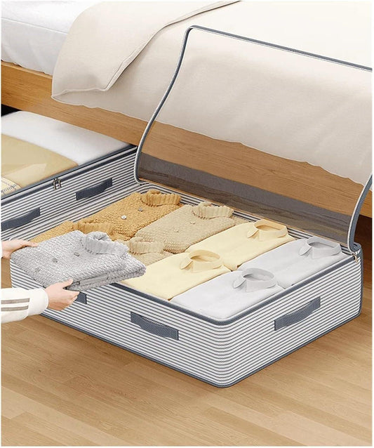 Monochrome Check Faux Leather Trim Storage Bag – Under-bed Flat Clothes Organizer Bag with Dual Side Handles for Household Daily Closet Matching