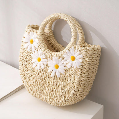 Cream Embroidered Daisy Straw Bag, Faux Leather Ring Handle Half Moon Crossbody Tote for Summer Daily Outfits