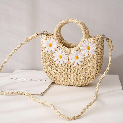 Cream Embroidered Daisy Straw Bag, Faux Leather Ring Handle Half Moon Crossbody Tote for Summer Daily Outfits