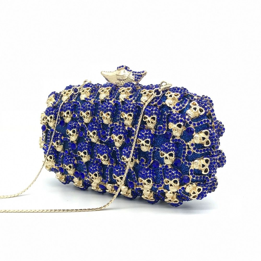 Royal Blue Skull Faux Leather Hardcase Bag – Crystal Skull Frame Clutch with Detachable Chain for Halloween & Gothic Party Outfits