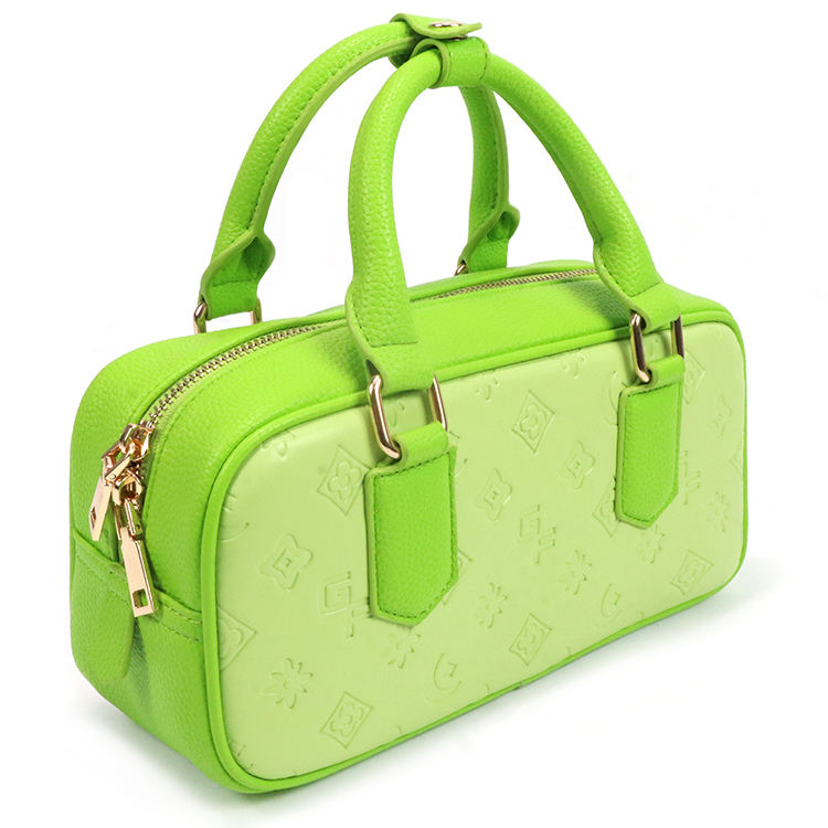 Lime Green Embossed Mini Boston Bag, Curved Handle & Detachable Strap for Daily Party