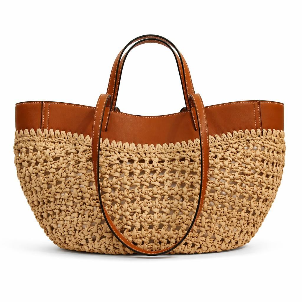 Khaki Brown Colorblock Faux Leather Tote, Hollow Woven Oversize Shoulder Bag for Beach Vacation Wear