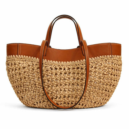 Khaki Brown Colorblock Faux Leather Tote, Hollow Woven Oversize Shoulder Bag for Beach Vacation Wear