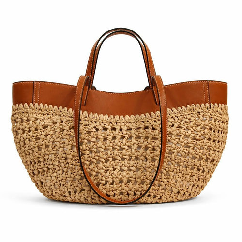 Khaki Brown Colorblock Faux Leather Tote, Hollow Woven Oversize Shoulder Bag for Beach Vacation Wear