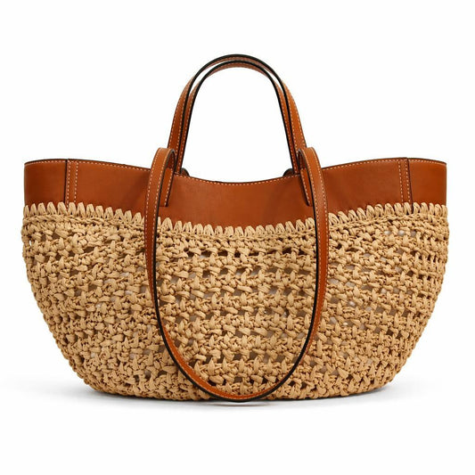 Khaki Brown Colorblock Faux Leather Tote, Hollow Woven Oversize Shoulder Bag for Beach Vacation Wear