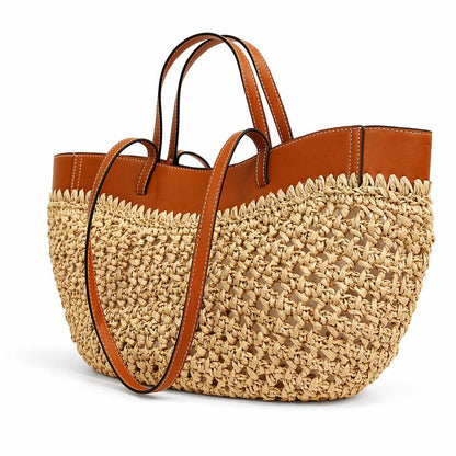 Khaki Brown Colorblock Faux Leather Tote, Hollow Woven Oversize Shoulder Bag for Beach Vacation Wear