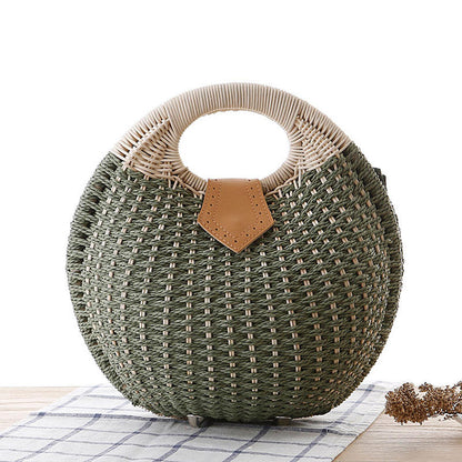 Multi Tone Round Woven Faux Leather Flap Handheld Bag – Circular Ring Handle Shell Shaped Bag for Daily Leisure & Holiday Matching