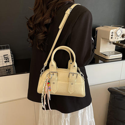Cream Textured Mini Boston Bag with Buckle Handles, Bead Charm & Detachable Crossbody Strap