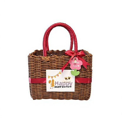 Woven Faux Leather Trim Tote Bag – Handheld Open Gift Storage Basket with Ribbon Decor for Picnic & Daily Casual Matching