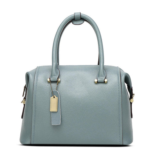 Dusty Blue Pebbled Boston Bag with Rivet Leather Top Handles & Detachable Tag Pendant for Elegant All-Season Daily Matching