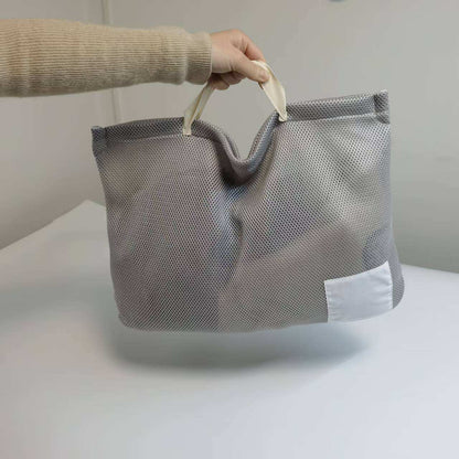 Gray Mesh Faux Leather Trim Laundry Bag – Handheld Breathable Mesh Storage Bag for Underwear & Daily Washing Matching