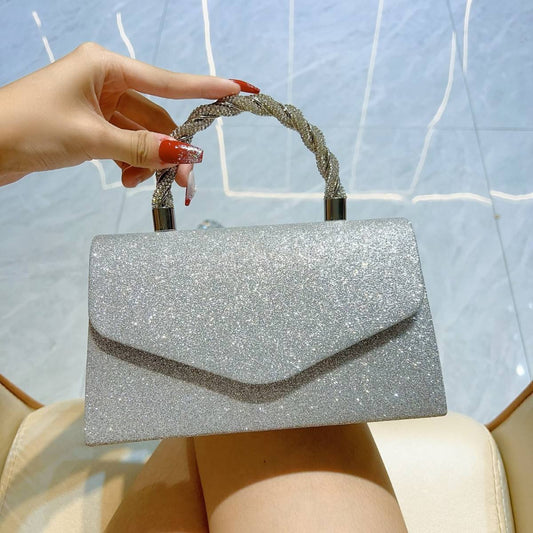 Silver Rhinestone Faux Leather Evening Bag - Sparkling Clutch with Braided Handle for Daily Glam & Parties